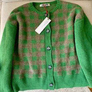 Ciao Lucia Varese Alpaca Cardigan Sz L in Green with Brown Checks- NWT! 💚